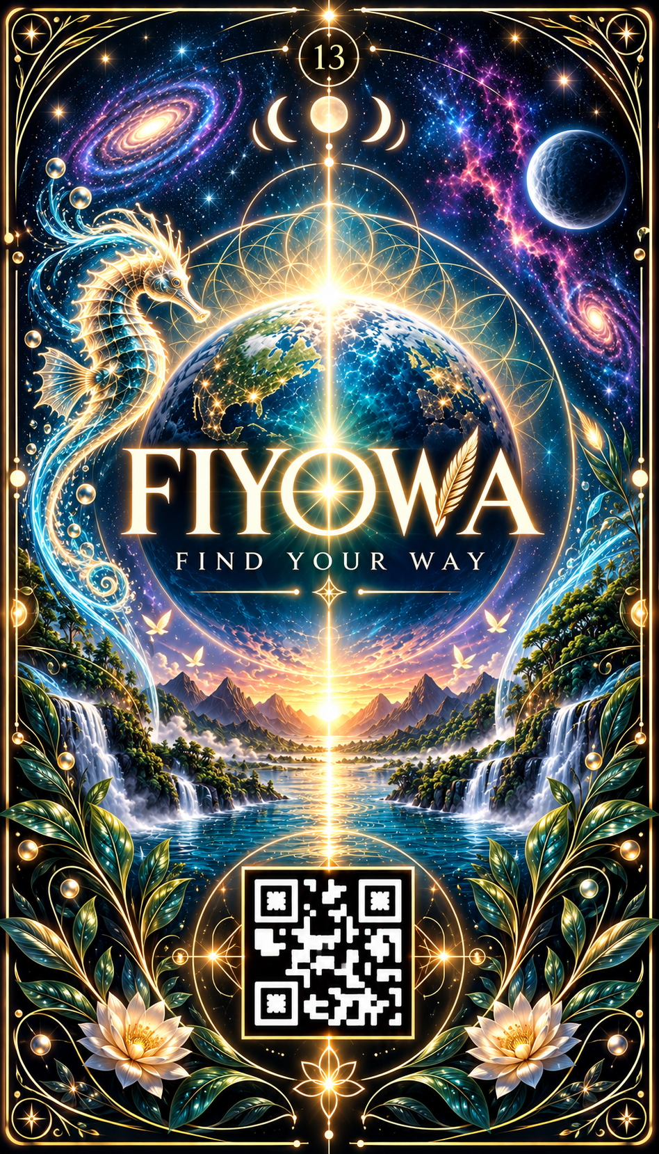 FiYoWa card with the Earth, a seahorse and cosmic light