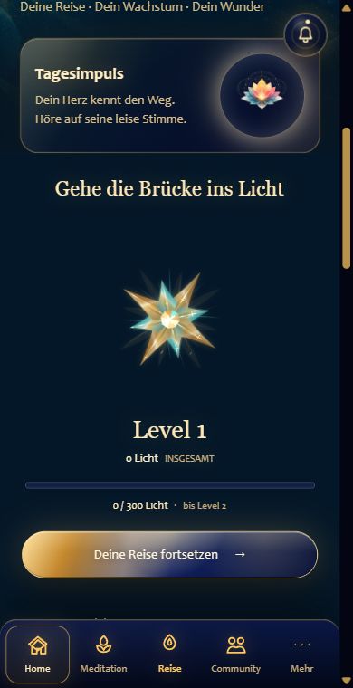 WunderWerk-Startseite mit animiertem Level-Stern, Tagesimpuls und persönlichen Bereichen, mit künstlichen Beispieldaten